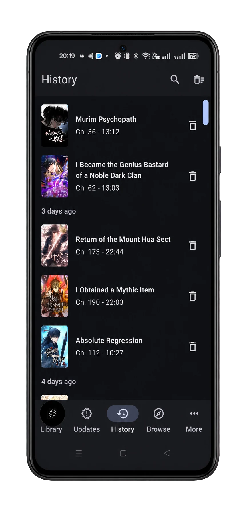 Real Nayovi Android history screen showing recently read chapters